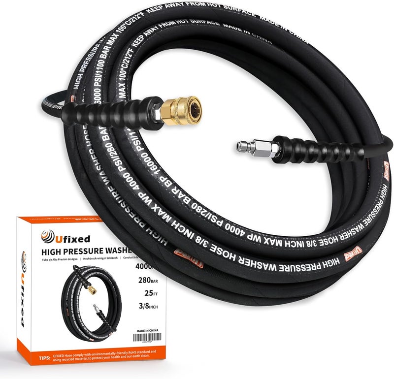 Ufixed 3/8” Pressure Washer Hose 25FT 4000psi,Rubber Hose,Quick Connect,360° Swivel,Kink-resistant,Heavy Duty,Black - Image 1